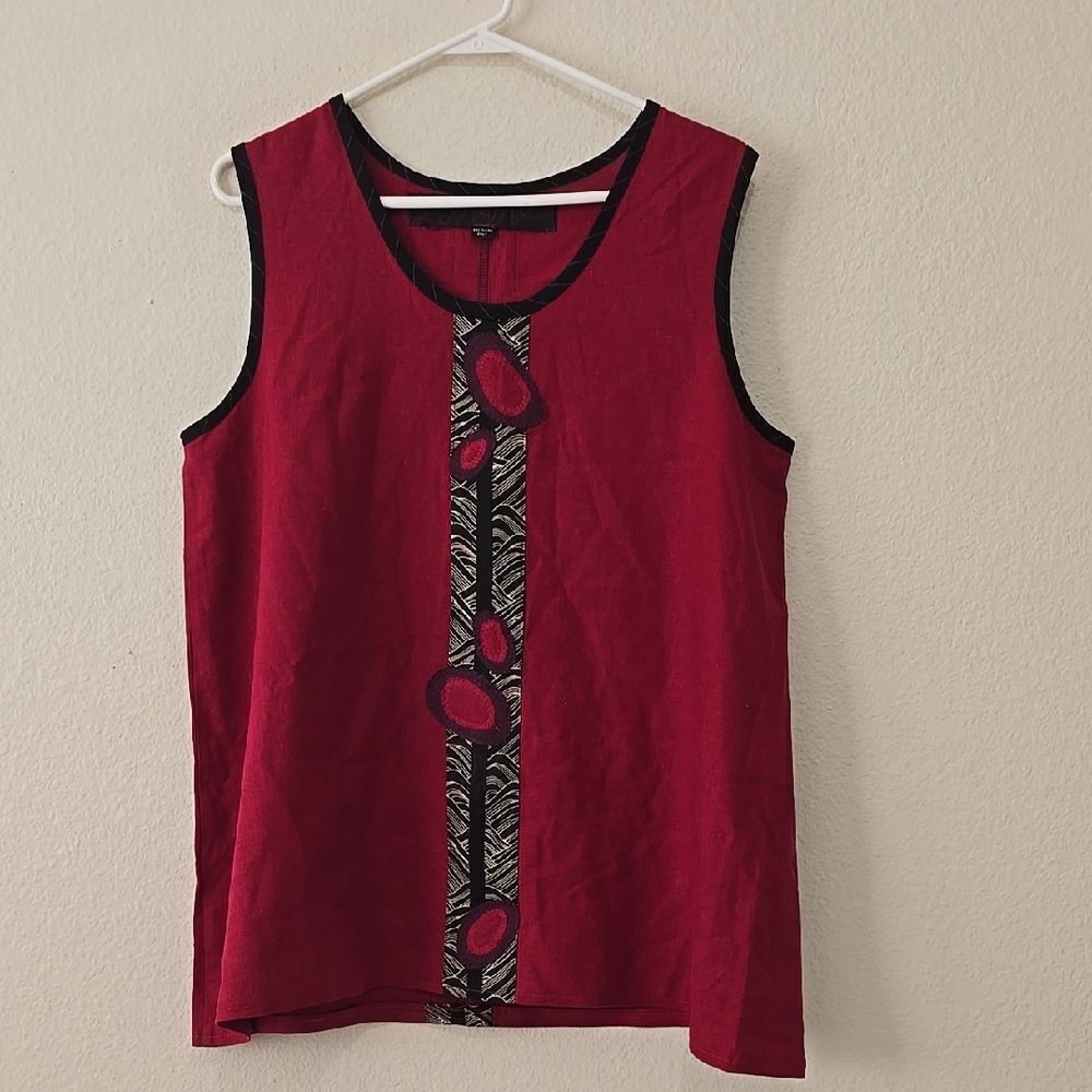 Deep Red Tank Top with Decorative Panel and‎ Black Trim